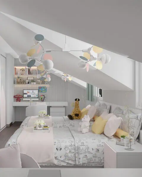 Florya İkiz genç odası Çalışma alanı - tuğ mimarlık Florya ikiz genç odasında çalışma masası, pastel raflar, özel dolap ve eğimli tavan altı yerleşim detayı