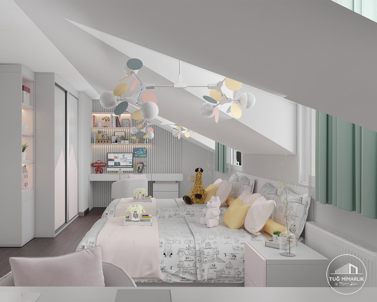 Florya İkiz genç odası Çalışma alanı - tuğ mimarlık Florya ikiz genç odasında çalışma masası, pastel raflar, özel dolap ve eğimli tavan altı yerleşim detayı