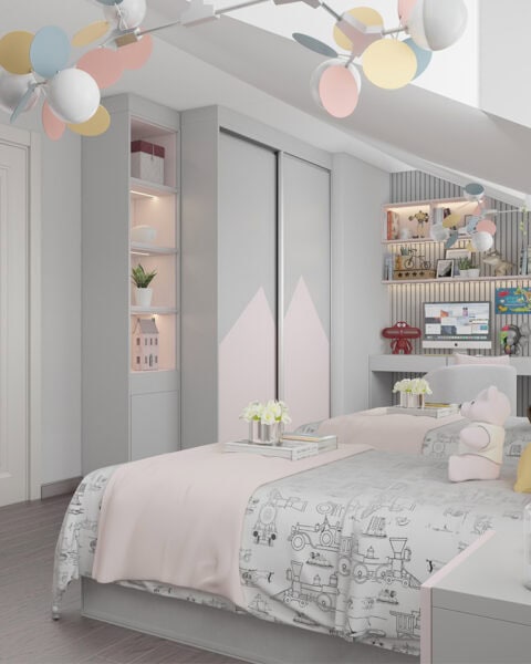 Florya İkiz genç odası dolap ve raf detayı - tuğ mimarlık Florya ikiz genç odasında pastel kapaklı dolap, açık raf nişi ve çalışma köşesiyle özel depolama çözümü