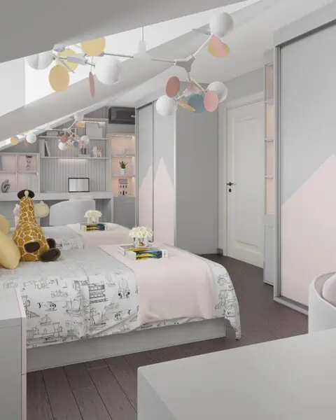 Florya İkiz genç odası genel görünüm - tuğ mimarlık Florya ikiz genç odasında iki yatak, eğimli tavan, çalışma masası ve pastel renkli özel dolap tasarımı
