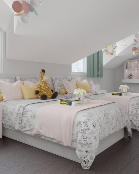 Florya İkiz genç odası yatak bölümü - tuğ mimarlık Florya ikiz genç odasında yan yana iki yatak, pastel tekstiller ve eğimli tavan altında düzenli yerleşim