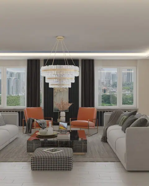 Florya salonunda karşılıklı kanepe yerleşimi ve turuncu berjerler