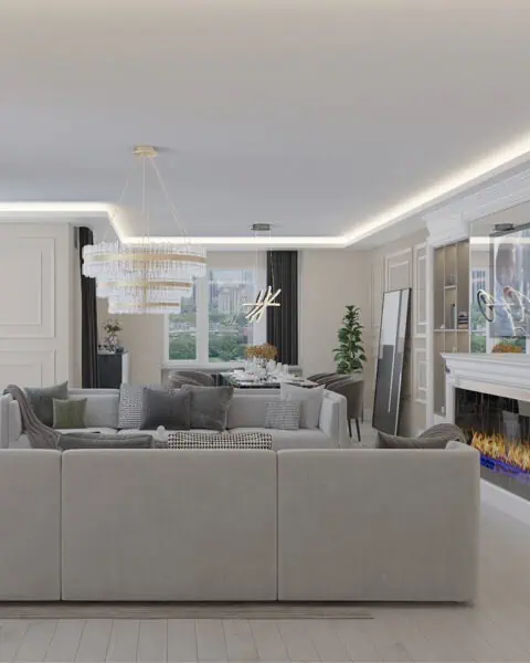 Florya salon ve yemek alanı - tuğ mimarlık Florya salon tasarımında şömine duvarı ve yemek alanı birlikteliği