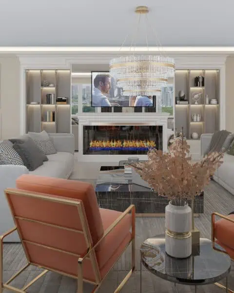 Florya salonunda şömine duvarı, televizyon ünitesi ve raf aydınlatmaları