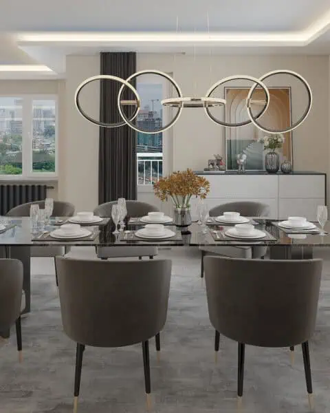 Florya yemek alanı tasarımı - tuğ mimarlık Florya salon projesinde büyük yemek masası ve modern aydınlatma