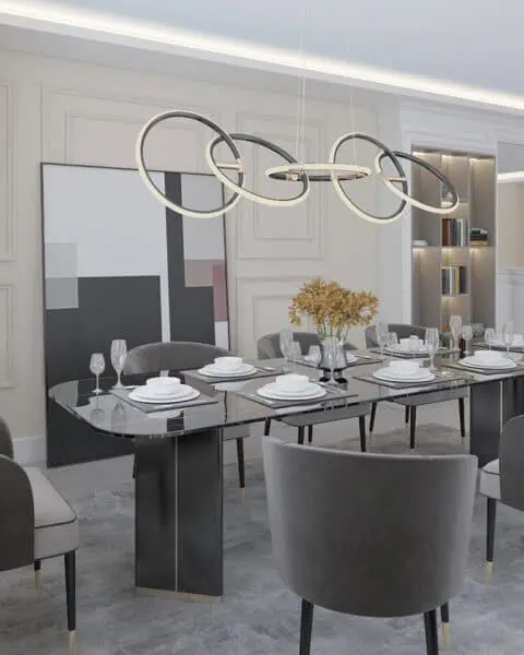 Florya yemek bölümü perspektifi - tuğ mimarlık Florya salon projesinde yemek alanı, masa ve sandalye yerleşimi