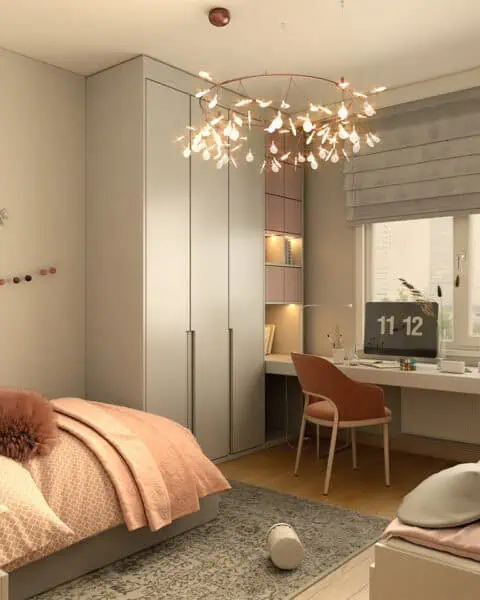 Göktürk genç odası genel görünüm - tuğ mimarlık Göktürk genç odasında çalışma masası, gardırop ve pudra tonlarında modern genç odası tasarımı