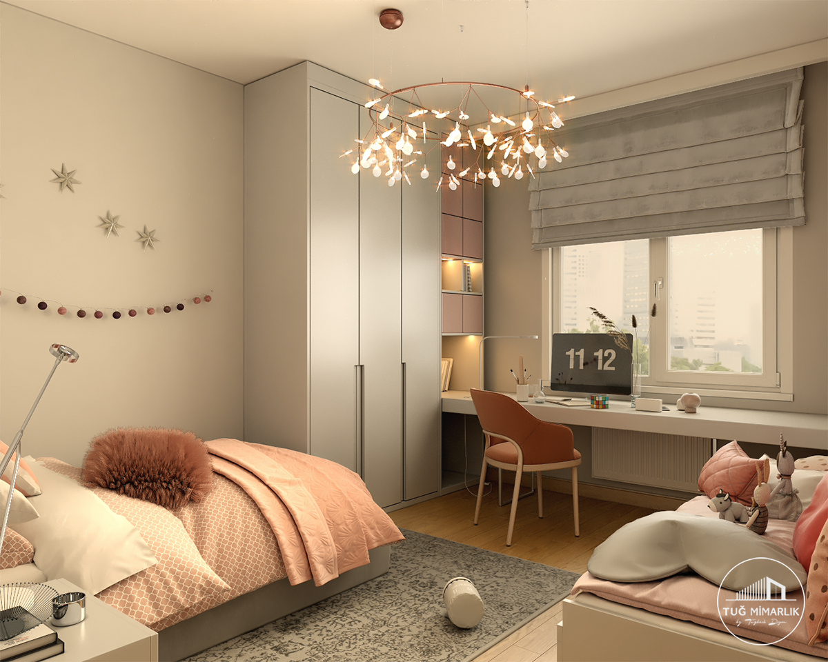 Göktürk genç odası genel görünüm - tuğ mimarlık Göktürk genç odasında çalışma masası, gardırop ve pudra tonlarında modern genç odası tasarımı