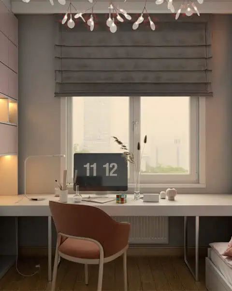 Göktürk genç odası pencere Önü masa - tuğ mimarlık Göktürk genç odasında pencere önü çalışma masası, açık niş raflar ve modern genç odası düzeni