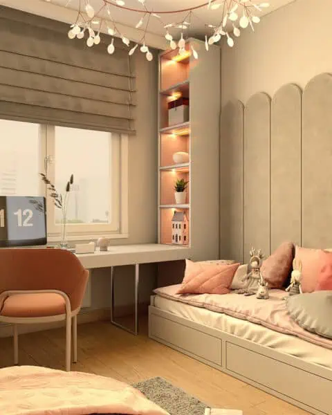 Göktürk genç odası sedir ve Çalışma alanı - tuğ mimarlık Göktürk genç odasında sedir, çalışma masası ve açık raflı özel üretim genç odası tasarımı