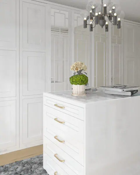 Göktürk giyinme odası ada Ünitesi - tuğ mimarlık Göktürk giyinme odasında çekmeceli ada ünitesi ve beyaz dolap sistemi