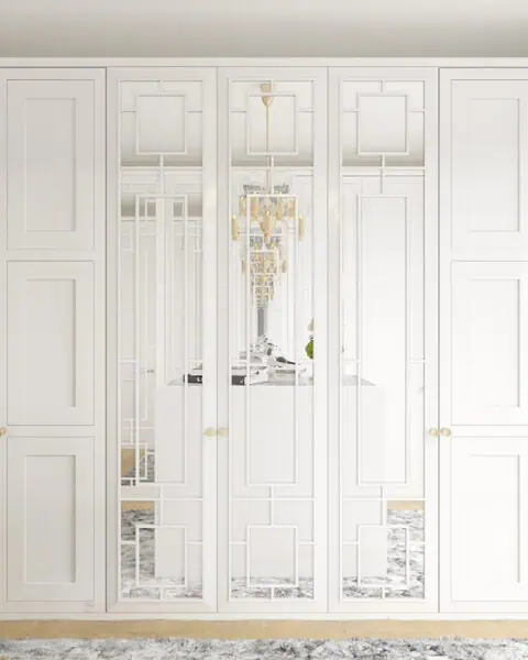 Göktürk giyinme odası dolap cephesi - tuğ mimarlık Göktürk giyinme odasında aynalı detaylı beyaz dolap kapakları