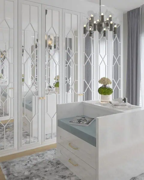 Göktürk giyinme odası genel perspektif - tuğ mimarlık Göktürk giyinme odası genel görünümü, aynalı kapaklar ve ada dolap sistemi