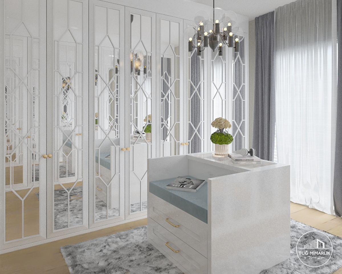 Göktürk giyinme odası genel perspektif - tuğ mimarlık Göktürk giyinme odası genel görünümü, aynalı kapaklar ve ada dolap sistemi