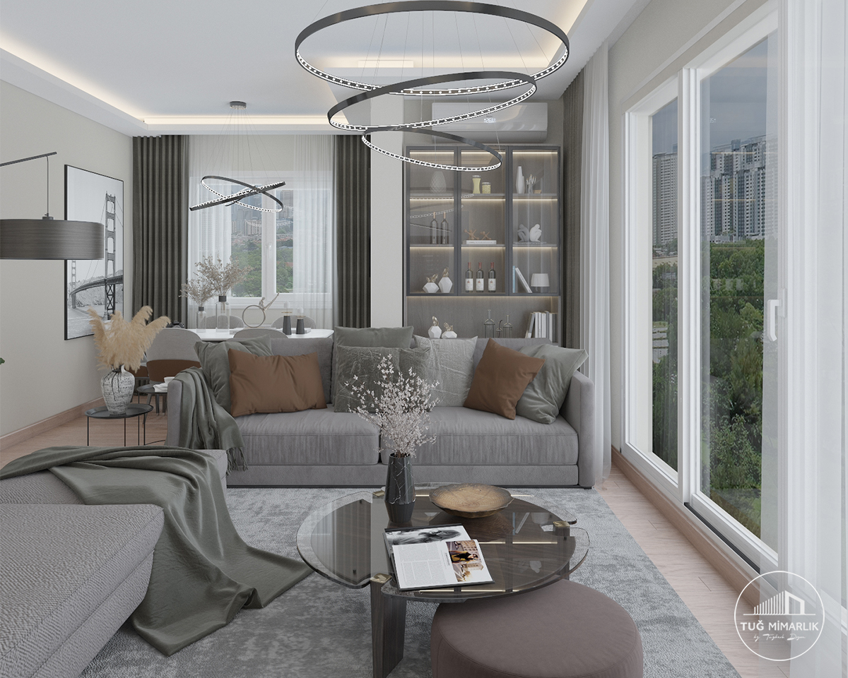 Göztepe salon genel görünümü - tuğ mimarlık Göztepe salon tasarımında modern halka aydınlatma, geniş pencere, oturma alanı ve vitrin detaylarıyla şık iç mimari çözüm