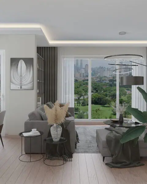 Göztepe salon pencere ve yemek alanı - tuğ mimarlık Göztepe salonunda yemek alanı, büyük pencere, şehir manzarası ve açık plan iç mimari yerleşim detayı