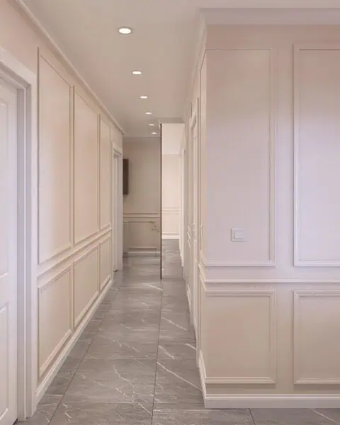 Küçükyalı antre duvar Çıtası ve koridor - tuğ mimarlık Küçükyalı antre tasarımında bej duvar çıtası, beyaz kapılar, spot aydınlatma ve gri mermer görünümlü zemin kullanıldı