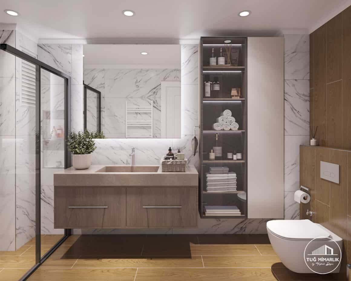 Küçükyalı banyo lavabo ve duşakabin tasarımı - tuğ mimarlık Küçükyalı banyo tasarımı içinde özel lavabo dolabı, siyah profilli duşakabin ve cam raflı dolap