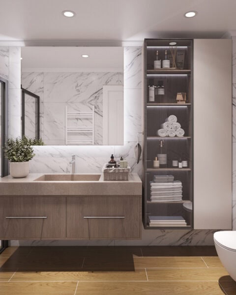 Küçükyalı banyo tasarımı içinde özel lavabo dolabı, siyah profilli duşakabin ve cam raflı dolap