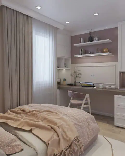 Küçükyalı genç odası Çalışma masası detayı - tuğ mimarlık Küçükyalı genç odasında ahşap çalışma masası, beyaz çekmeceler, duvar rafları ve pembe sandalye tasarlandı