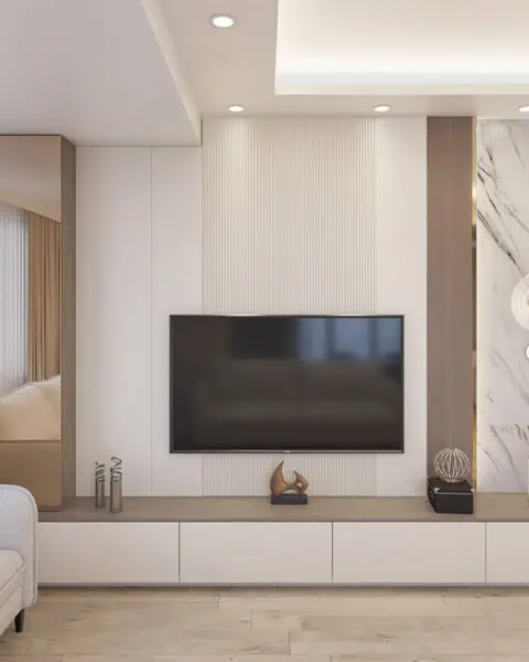 Küçükyalı salon tv Ünitesi tasarımı - tuğ mimarlık Küçükyalı salon tasarımı içinde TV ünitesi, mermer görünümlü panel, ahşap detay ve özel depolama dolapları