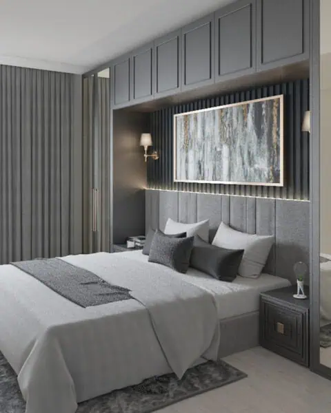 Maltepe gömme dolaplı yatak odasında aynalı kapaklar ve panel başlık yan görünüm