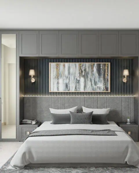 Maltepe yatak odasında duvardan duvara dolap ve başlık duvarı ön görünüm