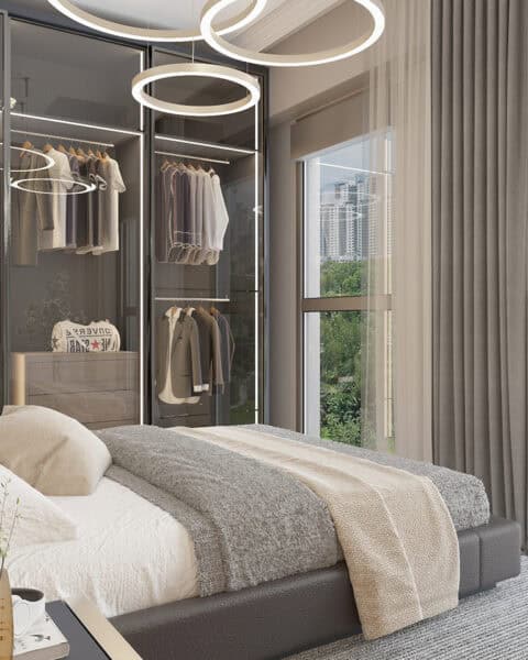Nef Koruköy yatak odasında cam kapak gardırop, halka aydınlatma, büyük pencere ve özel üretim depolama tasarımı