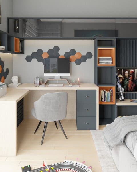 Pendik genç odası Çalışma masası - tuğ mimarlık Pendik genç odası projesinde çalışma masası, raf sistemi ve televizyon ünitesi detayı