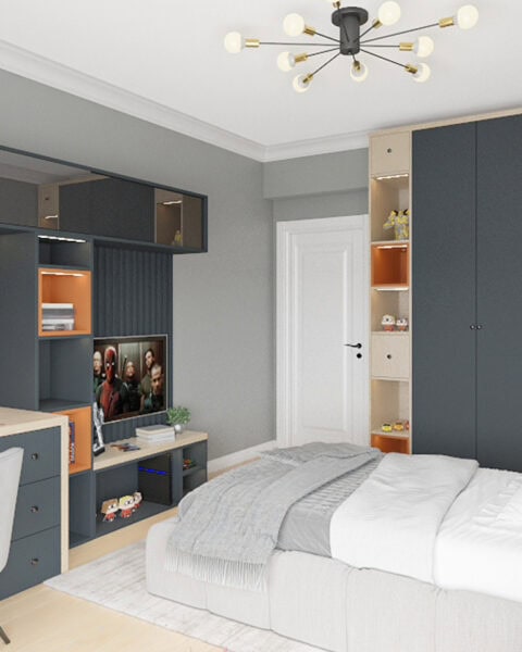 Pendik genç odasında çalışma masası, dolap sistemi ve yatak yerleşimi