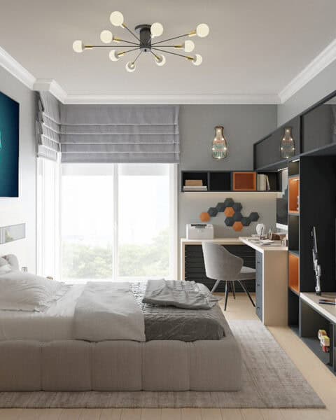 Pendik genç odası projesinde yatak, çalışma masası ve televizyon ünitesi bir arada