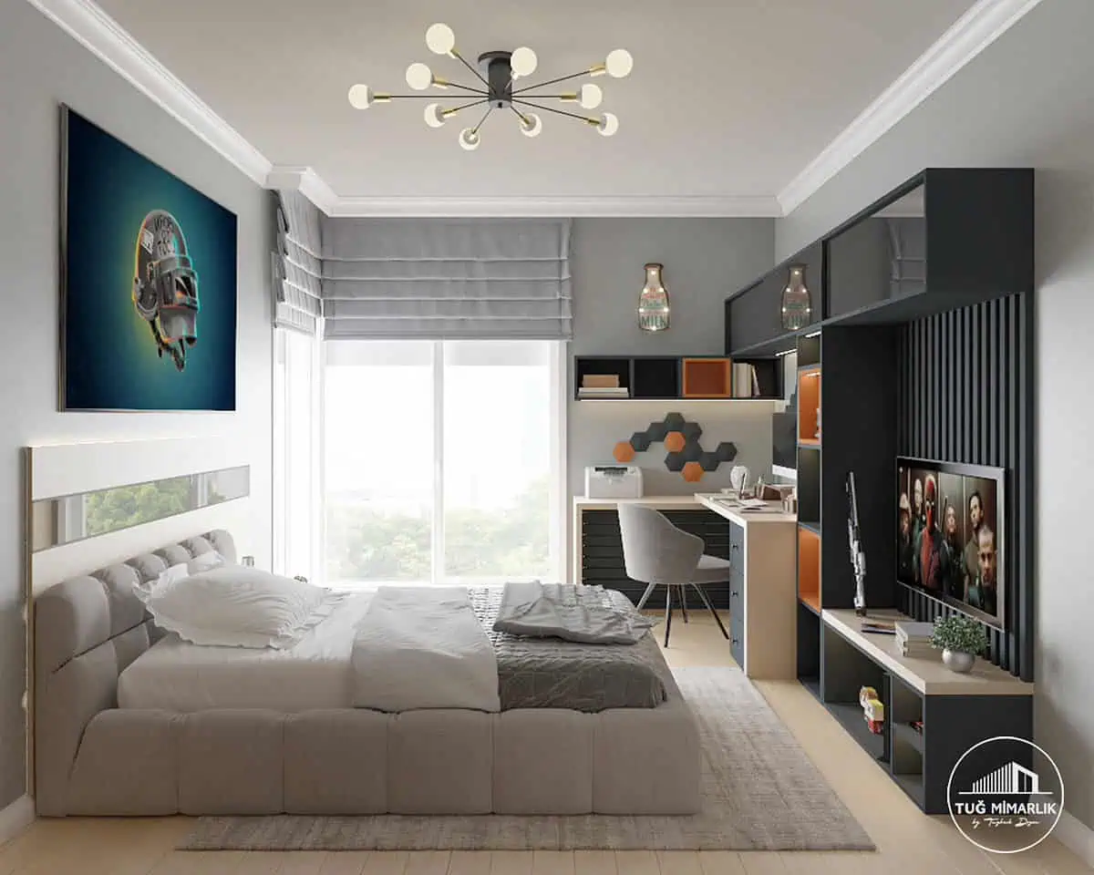 Pendik genç odası tam görünüm - tuğ mimarlık Pendik genç odası projesinde yatak, çalışma masası ve televizyon ünitesi bir arada