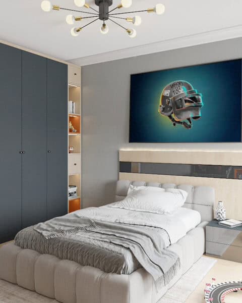 Pendik genç odasında özel tasarımlı yatak başlığı ve gardırop yerleşimi