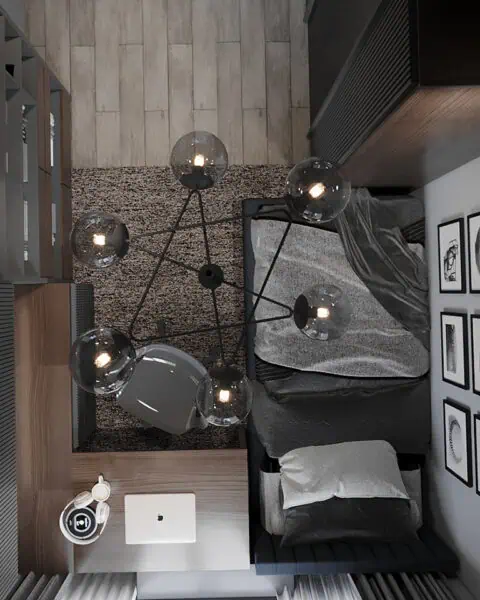 Şaşkınbakkal genç odasında çalışma masası, tek kişilik yatak ve kitaplık ünitesinin üstten görünümü