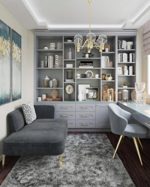Suadiye çalışma odasında kitaplıklı duvar ünitesi, çekmeceli depolama ve oturma bölümüyle ev ofisi tasarımı