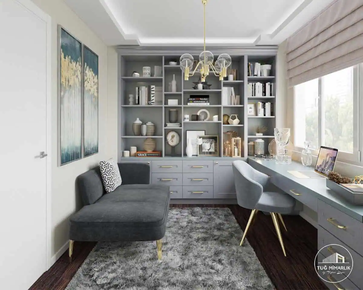 Suadiye Çalışma odası kitaplıklı Ünite - tuğ mimarlık Suadiye çalışma odasında kitaplıklı duvar ünitesi, çekmeceli depolama ve oturma bölümüyle ev ofisi tasarımı
