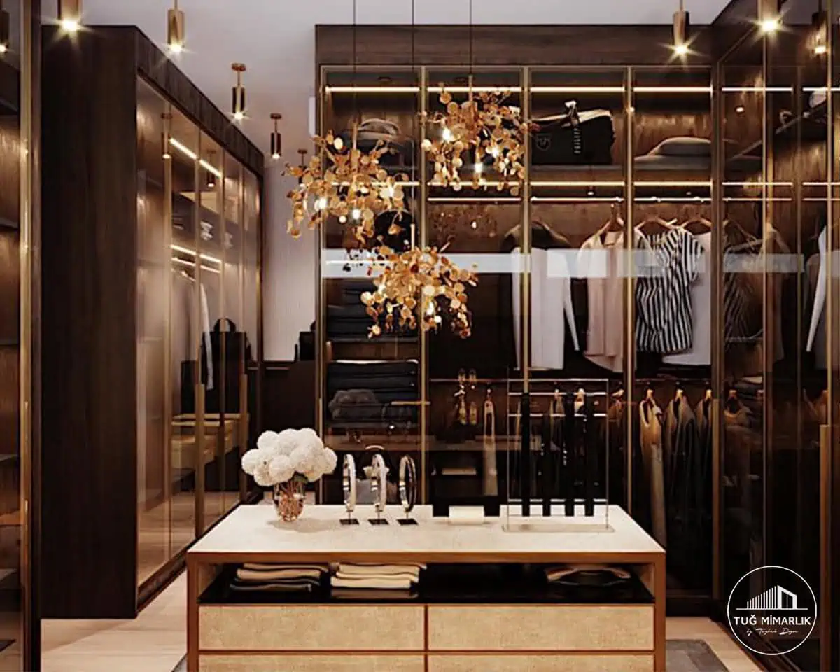 Suadiye giyinme odası orta ada - tuğ mimarlık Suadiye giyinme odasında orta ada ve cam kapaklı dolap tasarımı