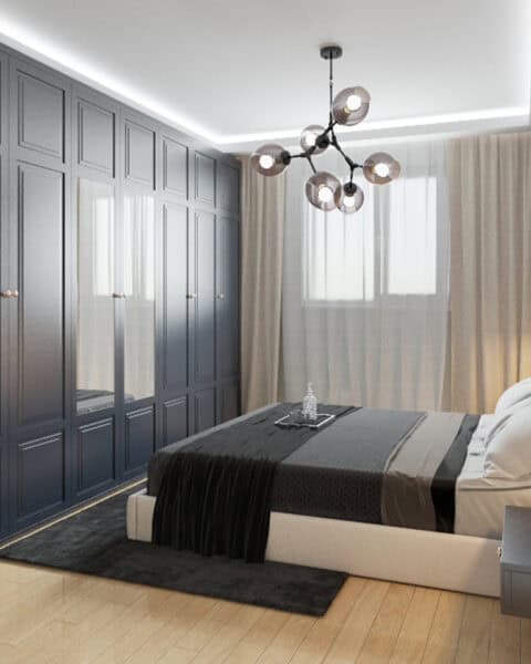 Suadiye yatak odasında tam duvar gardırop, aynalı kapak ve gri tonlarda modern yatak odası tasarımı
