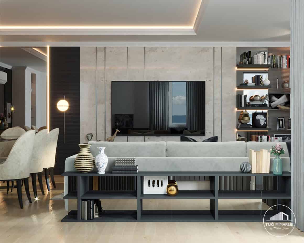 Ulus salon arka konsol ve tv Ünitesi - tuğ mimarlık Ulus salonunda arka konsol ünitesi ve televizyon duvarı görünümü