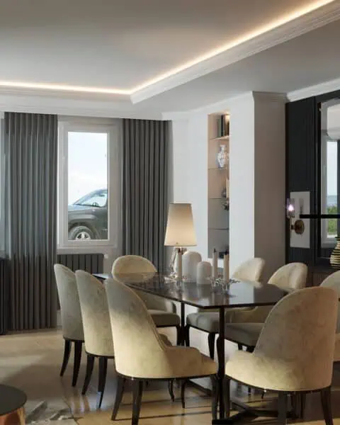 Ulus salon yemek masası detayı - tuğ mimarlık Ulus salon projesinde yemek masası, sandalyeler ve duvar aynası detayı