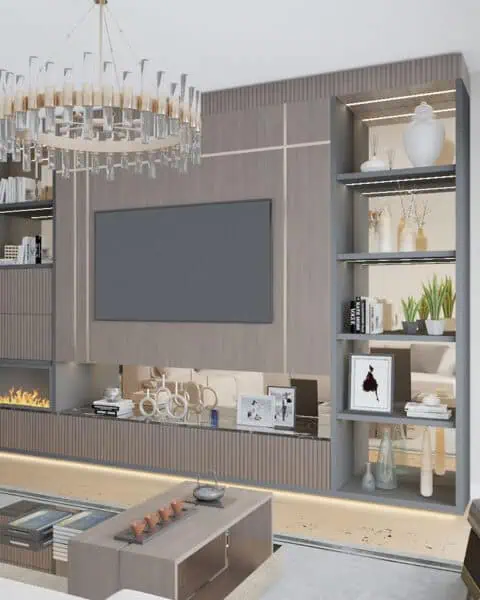 Vadistanbul Park salonunda ahşap geçişli özel üretim tv ünitesi ve açık raf detayları