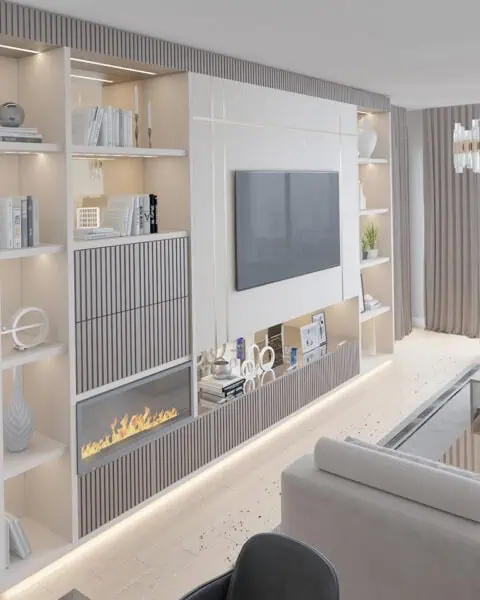 Vadistanbul Park salonunda şömineli tv ünitesi, açık raf sistemi ve aydınlatmalı duvar mobilyası